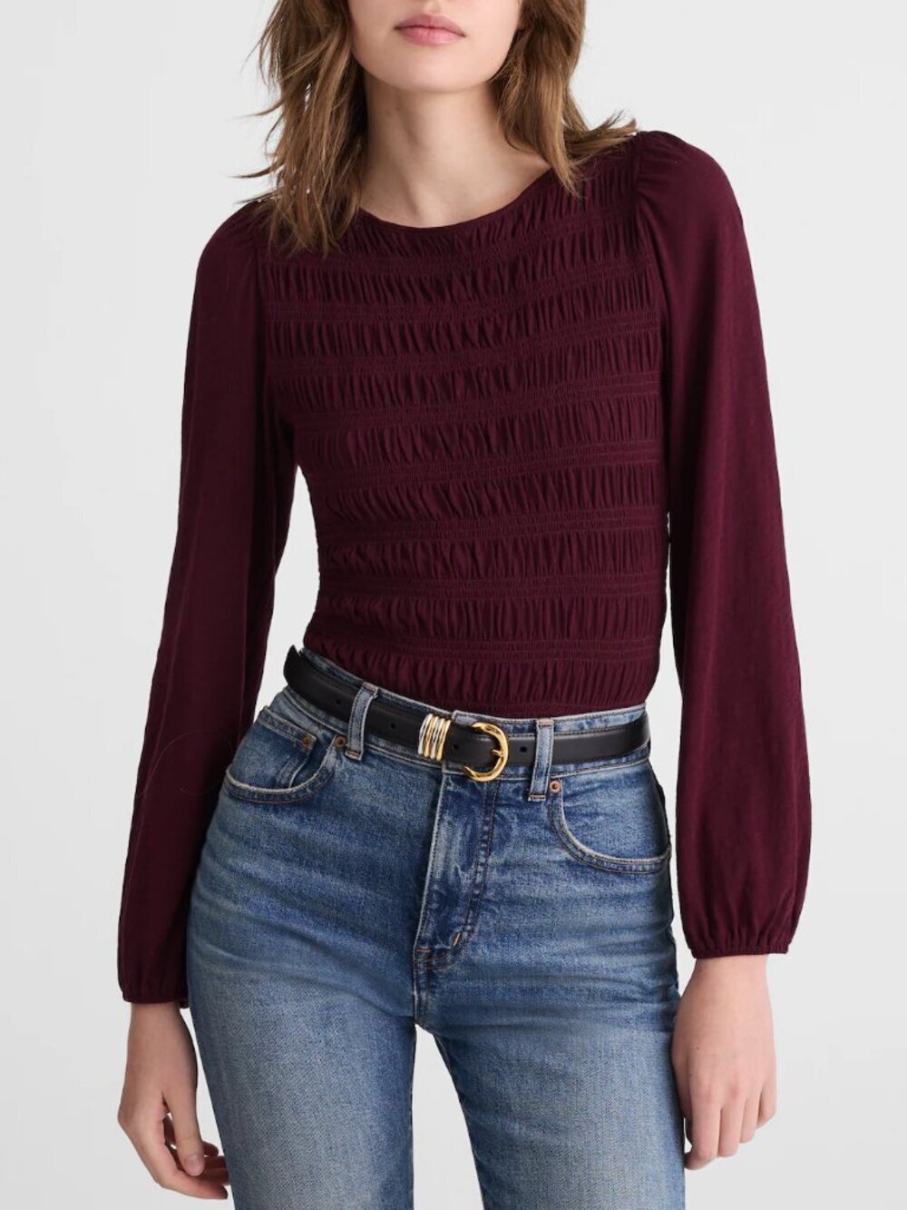 Madewell Smocked Cotton Boatneck Puff Sleeves Slim Fit Top Burgundy Size XS NWT